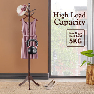 Brown Coat Rack with Stand Wooden Hat and 9 Hooks Hanger Walnut tree