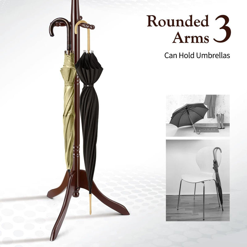 Brown Coat Rack with Stand Wooden Hat and 9 Hooks Hanger Walnut tree