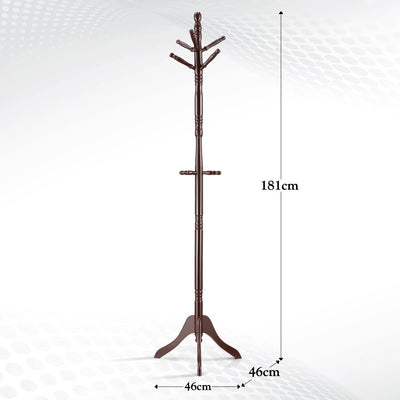 Brown Coat Rack with Stand Wooden Hat and 9 Hooks Hanger Walnut tree