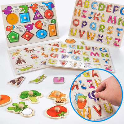 Wooden Alphabet ABC, Numbers and Farm Animals Learning Puzzles Board for Kids Preschool Educational Pegged Puzzles Activity from 3 to 4 years Old