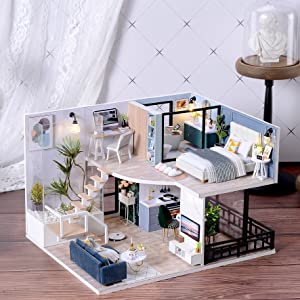 Dollhouse Miniature with Furniture Kit Plus Dust Proof and Music Movement - Cozy time  (Valentine&