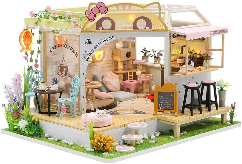 Dollhouse Miniature with Furniture Kit Plus Dust Proof and Music Movement - Cat Coffee (Valentine&