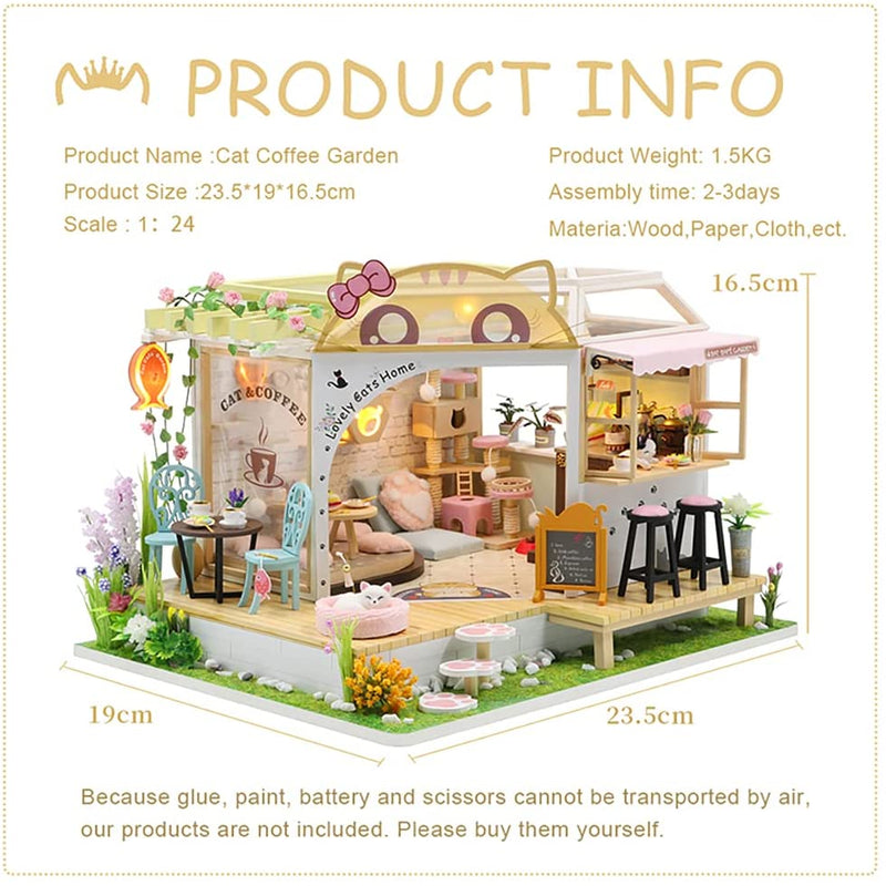 Dollhouse Miniature with Furniture Kit Plus Dust Proof and Music Movement - Cat Coffee (Valentine&