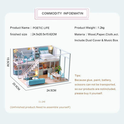 Dollhouse Miniature with Furniture Kit Plus Dust Proof and Music Movement - Poetic Life (1:24 Scale Creative Room Idea)