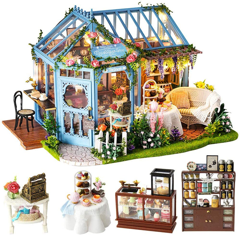 Dollhouse Miniature with Furniture Kit Plus Dust Proof and Music Movement - Rosa Garden Tea