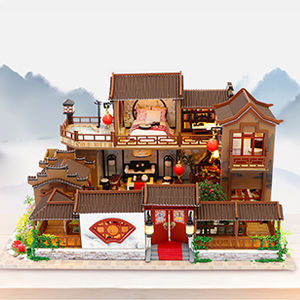 Dollhouse Miniature with Furniture Kit Plus Dust Proof and Music Movement - Tang Dynasty Town (1:24 Scale Creative Room Idea)