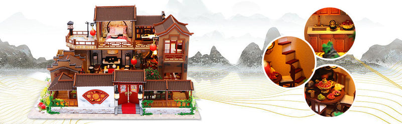 Dollhouse Miniature with Furniture Kit Plus Dust Proof and Music Movement - Tang Dynasty Town (1:24 Scale Creative Room Idea)