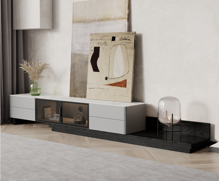 Rosina Ceramic Matte white Top Extendable Entertainment Unit/TV Stand/Ceramic top/ black painted metal legs/ MDF shelves and cabinets