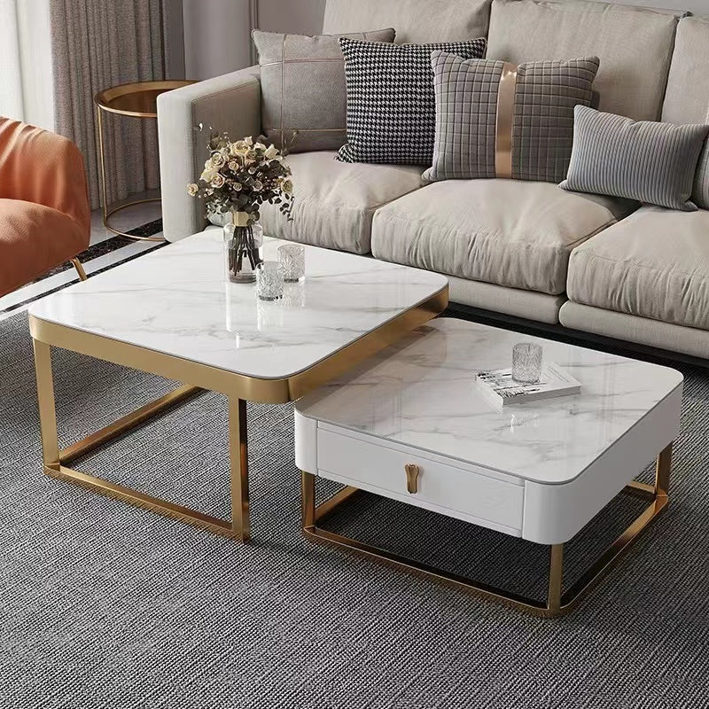 Daniel Cermaic Coffee Table Set with Storage/Ceramic Top/Steel Frame/Gold Legs