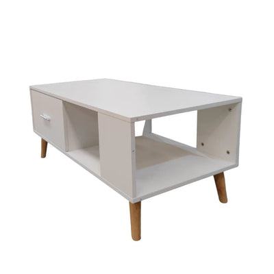 White Coffee Table Storage Drawer & Open Shelf With Wooden Legs