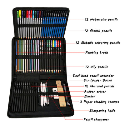 72pcs Professional Drawing Artist Kit Set Pencils and Sketch Charcoal Art Tools