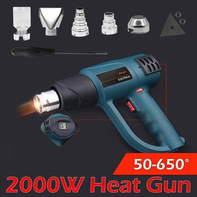 2000W Electric Heat Gun LCD 50-650℃ Temperature Air Heating Power Tool + Nozzles