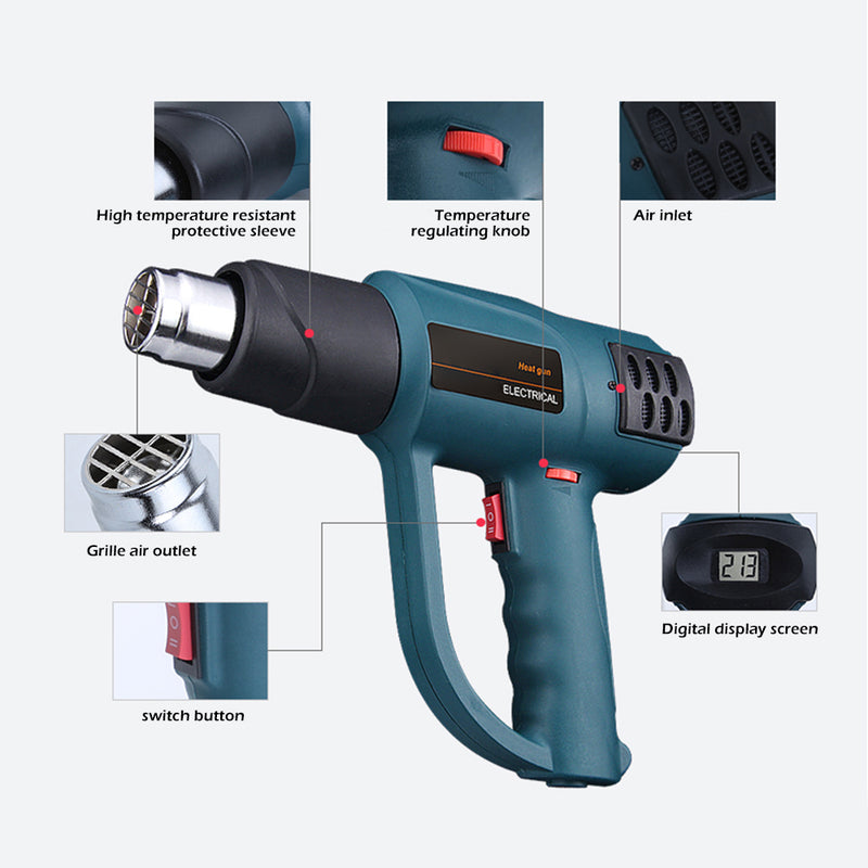 2000W Electric Heat Gun LCD 50-650℃ Temperature Air Heating Power Tool + Nozzles