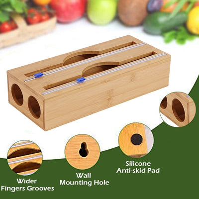 2 Grids Bamboo Food Wrap Dispenser Cutter Foil Cling Film Storage Holder Box Kitchen