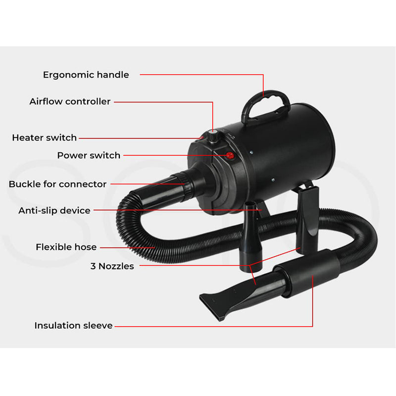 2800W Dog Dryer High Velocity Pet Dog Pet Blow Dryer Adjustable Speed 4 Nozzles Black