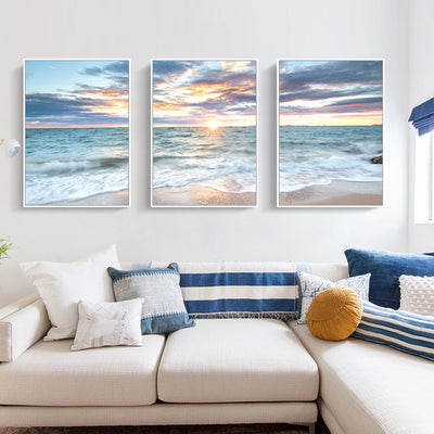 Wall Art 50cmx70cm Sunrise by the ocean 3 Sets White Frame Canvas