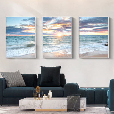 Wall Art 50cmx70cm Sunrise by the ocean 3 Sets White Frame Canvas