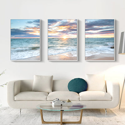 Wall Art 50cmx70cm Sunrise by the ocean 3 Sets White Frame Canvas