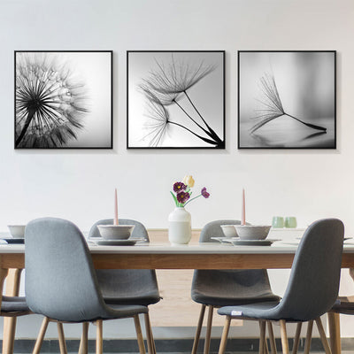 Wall Art 60cmx60cm Botanical dandelions 3 Sets Black Frame Canvas