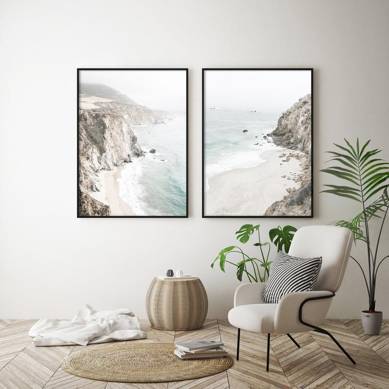 Wall Art 40cmx60cm Mountain Beach 2 Sets Black Frame Canvas