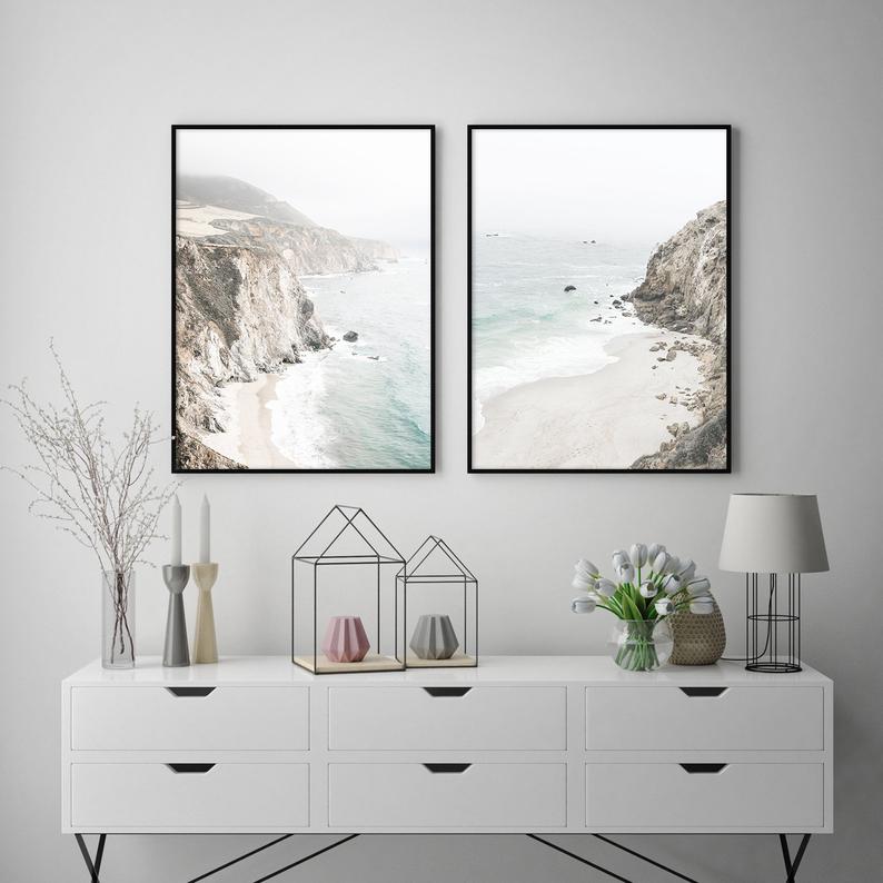 Wall Art 50cmx70cm Mountain Beach 2 Sets Black Frame Canvas