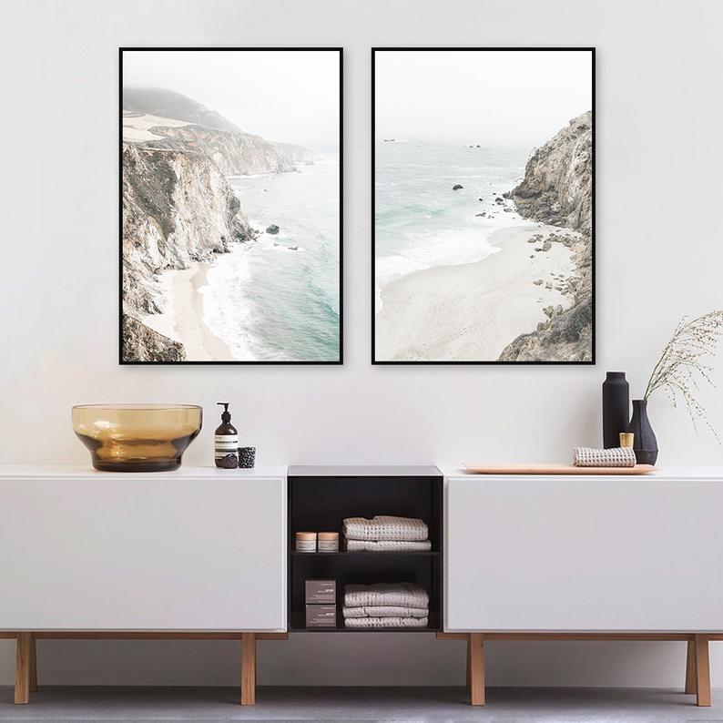 Wall Art 50cmx70cm Mountain Beach 2 Sets Black Frame Canvas