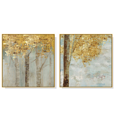 70cmx70cm Golden Leaves 2 Sets Gold Frame Canvas Wall Art