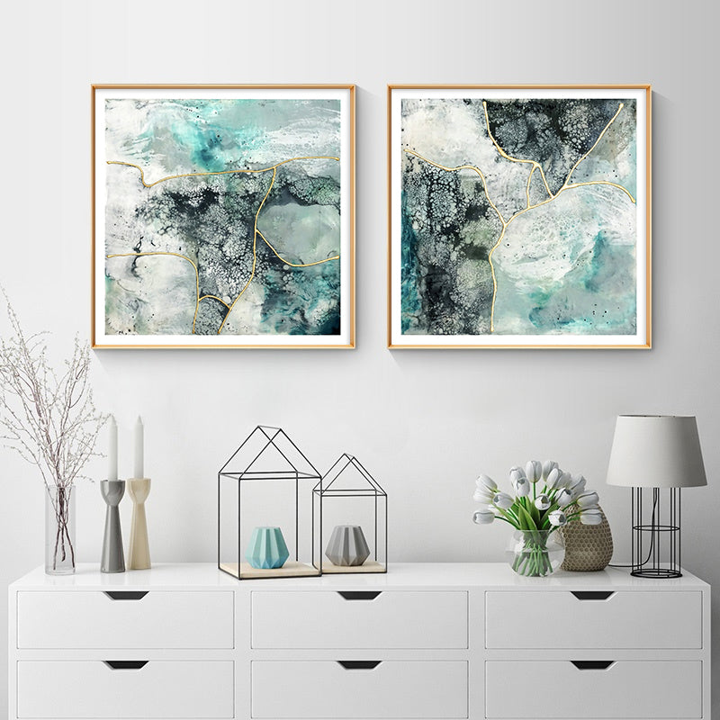 Wall Art 60cmx60cm Marbled Green 2 Sets Gold Frame Canvas