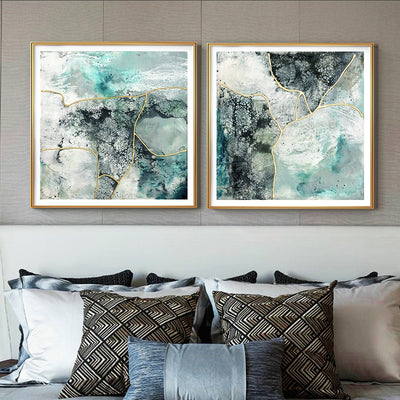 Wall Art 70cmx70cm Marbled Green 2 Sets Gold Frame Canvas