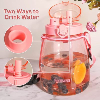 Clear Large Water Bottle Water Jug with Adjustable Shoulder Strap - Pink