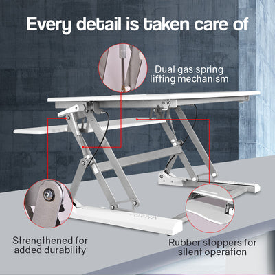 Fortia Desk Riser 90cm Wide Adjustable Sit to Stand for Dual Monitor, Keyboard, Laptop, White