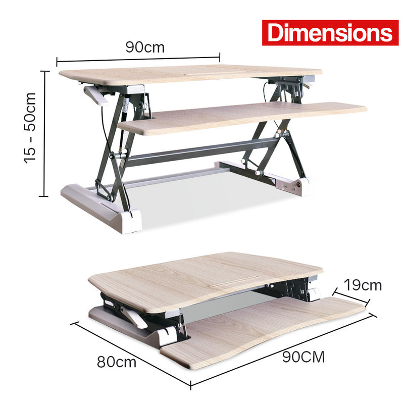 Fortia Desk Riser 90cm Wide Adjustable Sit to Stand for Dual Monitor, Keyboard, Laptop, Beech