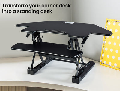 Fortia Corner Desk Riser 110cm Wide Adjustable Sit to Stand for Dual Monitor, Keyboard, Laptop, Black