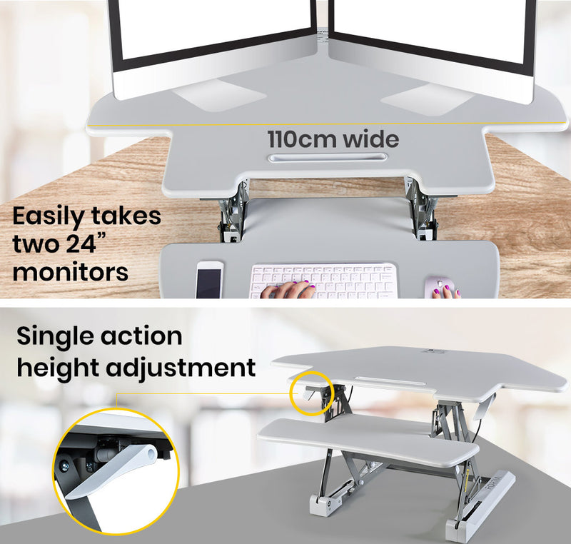 Fortia Corner Desk Riser 110cm Wide Adjustable Sit to Stand for Dual Monitor, Keyboard, Laptop, White