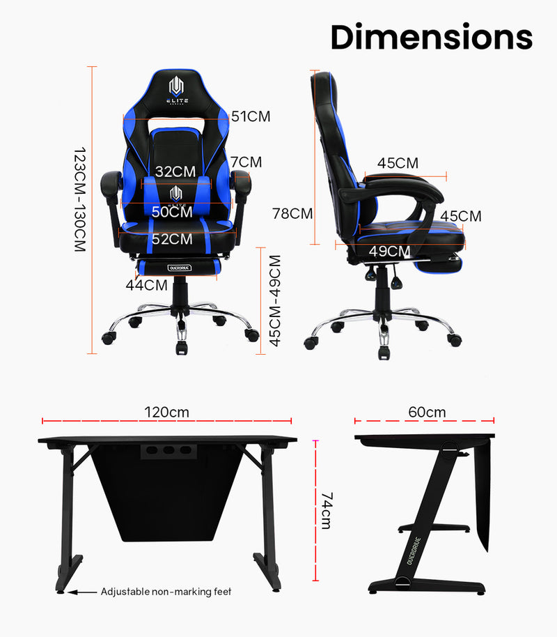 OVERDRIVE Gaming Chair Desk Racing Seat Setup PC Combo Black Office Table Foot