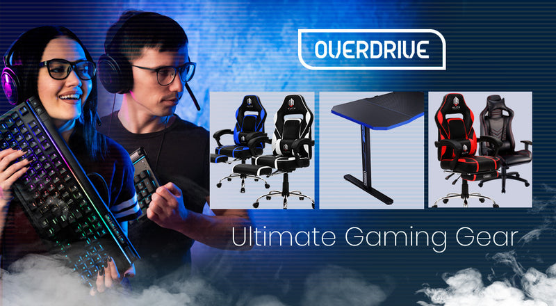 OVERDRIVE Gaming Chair Desk Racing Seat Setup PC Black Office Table Foot Combo