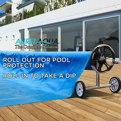 AURELAQUA Solar Swimming Pool Cover + Roller Wheel Adjustable 400 Bubble 9.5x5.0