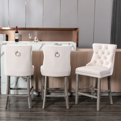 2X Velvet Bar Stools with Studs Trim Wooden Legs Tufted Dining Chairs Kitchen