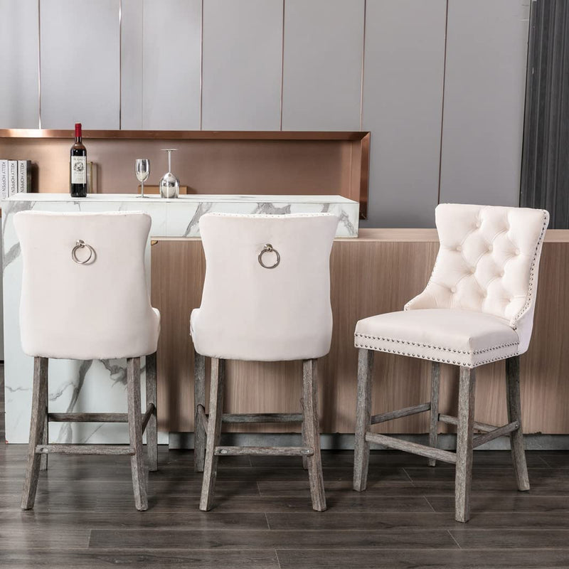 2X Velvet Bar Stools with Studs Trim Wooden Legs Tufted Dining Chairs Kitchen
