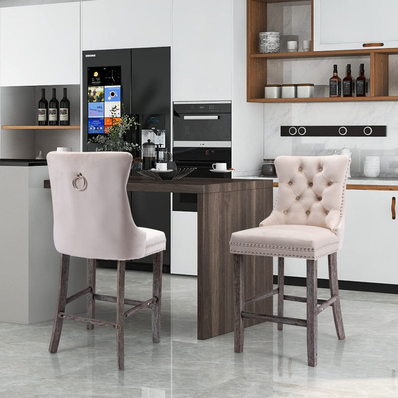 2X Velvet Bar Stools with Studs Trim Wooden Legs Tufted Dining Chairs Kitchen