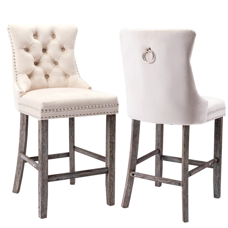 2X Velvet Bar Stools with Studs Trim Wooden Legs Tufted Dining Chairs Kitchen
