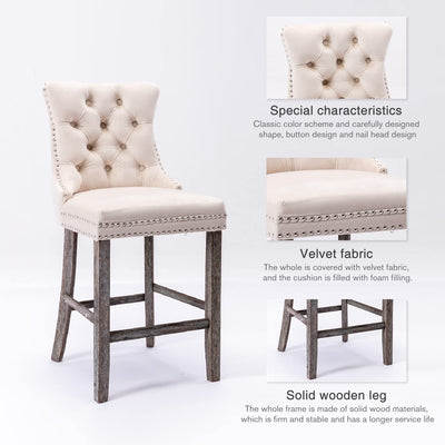2X Velvet Bar Stools with Studs Trim Wooden Legs Tufted Dining Chairs Kitchen