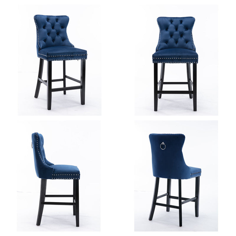 2X Velvet Bar Stools with Studs Trim Wooden Legs Tufted Dining Chairs Kitchen