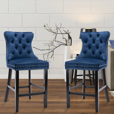 2X Velvet Bar Stools with Studs Trim Wooden Legs Tufted Dining Chairs Kitchen