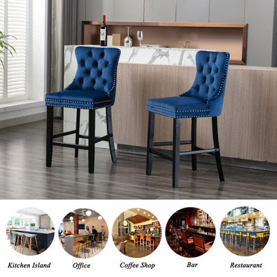 2X Velvet Bar Stools with Studs Trim Wooden Legs Tufted Dining Chairs Kitchen