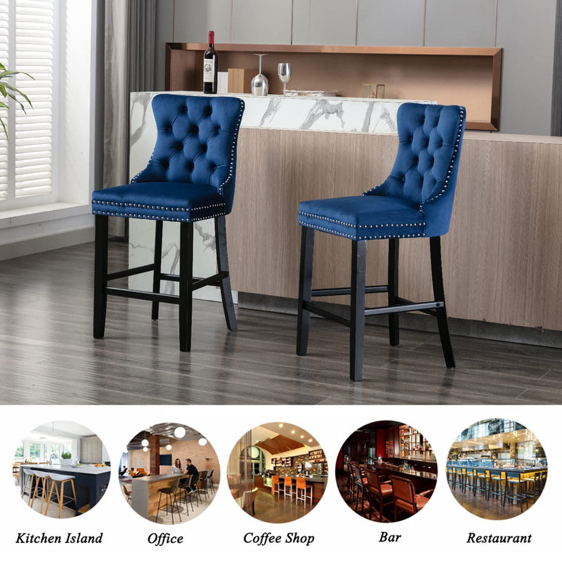2X Velvet Bar Stools with Studs Trim Wooden Legs Tufted Dining Chairs Kitchen
