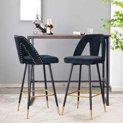 2x Velvet Bar Stool Gold Metal Legs Barstool Kitchen Nailhead Dining Chair