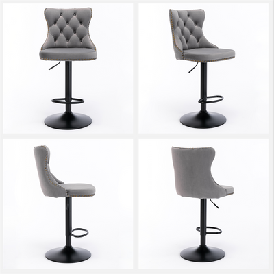 2x Height Adjustable Swivel Bar Stool Velvet Nailhead Barstool with Footrest