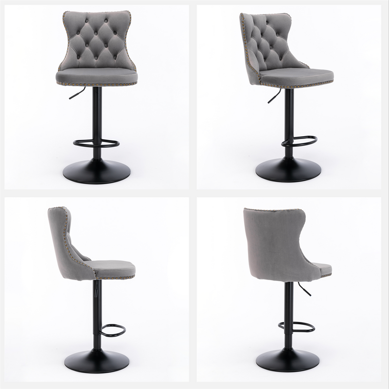 2x Height Adjustable Swivel Bar Stool Velvet Nailhead Barstool with Footrest