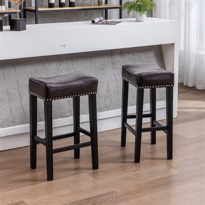 2x Wooden Legs Saddle Bar Stools Leather Padded Counter Chairs with studs 74.5cm Height